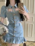 Denim Two Piece Suits Women Sexy Love Pocketshirt Crop Tops Mini Ruffles Skirts Outfits Female Elegant Cowboy 2 Piece Set-Outfit