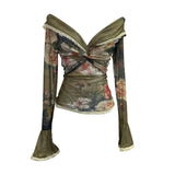 Fongt Oil Painting Print Collar A Word Twisted Folded Short-Sleeved Trumpet Blouse 9907