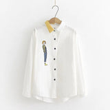 Arrival Women Cartoon Embroidery Cotton White Shirt Turn Down Collar Long Sleeve Blouse Striped Patchwork Casual Tops