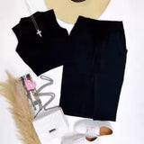 Fongt New Women's Wear Sleeveless Round Collar Splicing Belt Pocket Slit Short Skirt Two-Piece