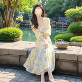 Fongt Dress Women's Summer 202 5 New Slimy Temperament Cardigan + Slings Broken Floral Dress Two Sets