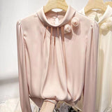 Fongt Temperament Shows Thin Three-Dimensional Flower Pure Color Set Jacket Female Spring New Long Sleeve Satin Simulation Silk Shirt-Outfit