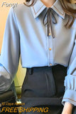 Elegant Chiffon Shirt Women Button Slim Long Sleeve Autumn Office Lady Straight Tops Preppy Style Korean Solid