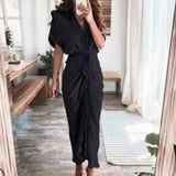 Fongt Women's Spring New Short-Sleeved Temperament Commute High-Waist Print Long Dress