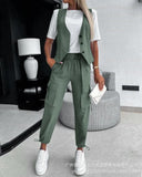 New 2023 Striped Sleeveless Vest Suit Casual Commuter Nine Split Pants (2 Pieces-Outfit