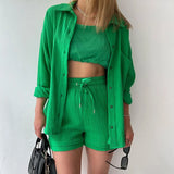 Fongt Women's Wrinkle Collar Long-Sleeved Shirt High-Waisted Rope Shorts Fashion Casual Two-Piece Set