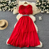 Fongt Fan Niche Design Pressure Folding Collar Button To Collect Waist Thin Temperament Medium Long Over Knee Chiffon Dress