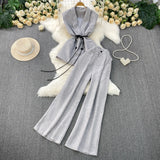 Fongt Gray West Assembly V-Neck Double Buckle Vest Sleeveless Waist Blouse + High Waist-High-Scretch Broad-Legged Trousers Two