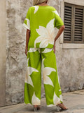 Fongt Summer Set Printing V-Neck Bat Sleeve Blouse Long Pants Fashion Two-Piece