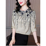 Imitation Silk Shirt Women's Short-Sleeved High-End Printing 2023 Summer New Large-Size Loose Blouse-Outfit