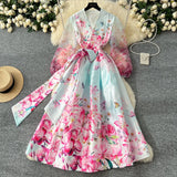 Fongt Spring Spring Court Wind Positioning Print Cross V-Neck Tie With Belt Mesh Long Sleeves Spliced Dress