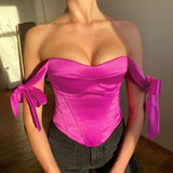 Red Satin Fashion Tie Up Strap Sexy Backless Crop Tops for Women Sleeveless Club Party Boned Corset Tube Top Crop