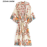 Location Floral Print Long Kimono Shirt Beige Hippie Women Lacing up Tie Bow Sashes Long Cardigan Loose Blouse Tops