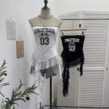 Fongt Shooting Retro Letter Print Bump Color Palette Vest Body Splicing Mesh Yarn With Hottie Top 8089