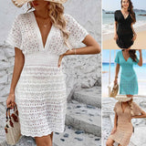 Fongt New Beach Dress Corrugated Hollow Dress Deep V Elastic Waist Hot Beach Burqa