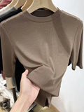 Fongt Wind Advanced Sense Pure Color Half High Collar Five Minutes Sleeve Sleeve T Shirt Female Slim Slim Inside The Bottom Shirt Woman-Outfit