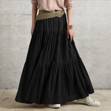 Stylish Women Spring Skirts Vintage Elastic Waist Faldas Saia Female Ruffles Maxi Sundress Casual Jupe Solid Long