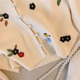 Spring Autumn White Sweet Pink Flower Embroidery Women Cute Knitted Cardigan V-neck Tops Chic Single-breasted