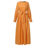 Muslim Clothing Women's Maxi Sundress 2022 Spring Long Sleeve Kaftan Belted Vestidos Casual Solid Loose Abaya Long