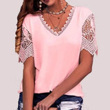 Fongt Women's T-Shirt Burst Lace Splicing Loose V-Neck Short-Sleeved T-Shirt
