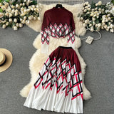 New Advanced Casual Women's Elastic Long Sleeve Pleated Top+High Waist Pleated Half Skirt Printed Skirt 2-piece Set-Outfit