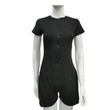 Fongt New Women's Round Collar Solid Color Short Sleeve Zipper Short Jumpsuit Dress