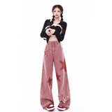 Fongt Girl Wears Embroidered Straight Jeans Female Autumn Vintage High-Waisted Star Broad-Legged Pink Pants