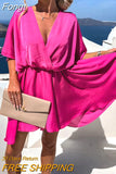 Summer Office Lady V Neck Solid Dress Patchwork Loose Ruffles High Waist Dress Women Casual Short Sleeve Streetwear