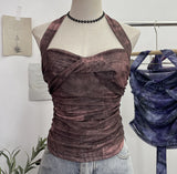 Fongt Shot Tie-Dye-Dyed Denim Print Folding Mesh Sling Sling Sling Neck With Bow Striped Backwear 9921