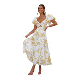 Fongt Spring Summer New Temperament Printing Bubble Sleeve High-End Dress Women