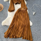 Fongt Wear With A Female Autumn Temperament Short Lantern Sleeve Shirt High Waist Hanging Feeling Open Skirt Two Sets
