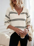Fongt And Winter Loose V-Neck Stripes Bumpy Long-Sleeved Polo Shirt Sweater
