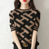 Women's Clothing Vintage Letter Printed Pullovers Fashion Screw Thread Patchwork Summer Commute Casual O-Neck Knitted T-shirt-Outfit