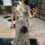 Fongt Women's Clothing 2025 Spring New Temperament Elegant Silk-Sting Texture Waist-Print Amply Dress