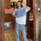 Sleeve T-shirts Women Patchwork All-match Denim Футболка Женский Students Creativity Design Summer Leisure Korean