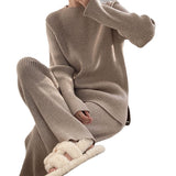 Fongt Color Sweater Open Fork Wide Leg Pants Two Sets Of Fashion Lazy Wind Knit Sweater Woman-Outfit