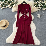 Fongt Small Fragrant High-Grade Metal Buckle Waist Dress Women 2025 Autumn Thin Temperament Hollow Knitted Long Dress
