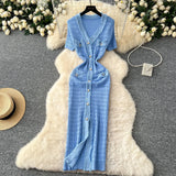Fongt Little Scent Retro V-Neck Metal Single-D Row Buckle Slimming Temperament Knitted Dress Spring