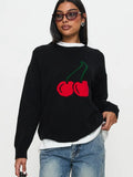 Fongt New Women's Knitted Round Collar Loose Top Fashion Cherry Languid Long-Sleeved Sweater