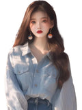 Fongt Niche Design Blouse Hannese Age-Lowish Slim Super-Good Looking Blue Cowboy Splicing Shirt