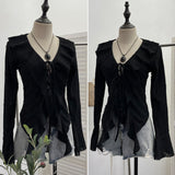 Fongt Wind To Make Old Hole Horn Long Sleeve Open Shirt Tie With Lotus Leaf Side V Collar Sunscreen Shirt 9280