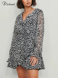 Summer Dresses For Women 2022 Black Print V-neck Long Sleeve Chiffon Ladies Dress Party Elegant Casual Office