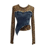 Fongt Shooting Fashion Leopard Tard Tard Babes Mesh Splicing Denim Irregular Bottom Shirt Short Top 2617