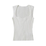 Fashionable Women's Dress Square Collar Wavy Vest Vertical Pit Strip Slim Body Navel Short Solid Color Sleeveless Blouse-Outfit