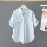 Fongt Short-Sleeved Solid-Colored Shirt Women 2025 Summer New Outer Shirt Design Sense Double Pocket Loose Thin Top Woman