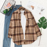 New Women Vintage Oversize Flannel Plaid Shirt With Pockets Full Sleeve Turn Down Collar Blouse Casual Basic Tops