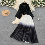 Fongt Wrinkled Butterfly Sleeve Gradient With Shawl Short Coat Top + Gradient 100 Folded Skirt Two-Piece Suit