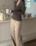 Fongt Tea Color V-Neck Knitted Shirt Slimy Temperament Fashion Thin Inside The Bottom Shirt Tight Cashmere Sweater Woman