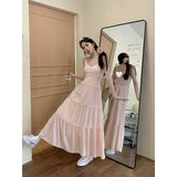 Pink Maxi Dress Women Vacation White Ruffles One Pieces Long Dresses Summer Sexy Strap Robe Korean Beach Bodycon Vestidos-Outfit