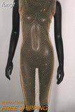 Rhinestones See Through Mini Dress Sexy Sleeveless Fishnet Hollow Out Dresses Women Summer Beach Sexy Cover